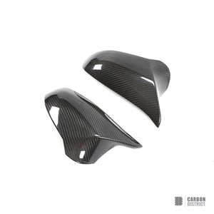 BMW M3/M4 (F80/F82/F83) dry carbon fibre mirror caps (RHD, V2) — UV-stable gloss finish