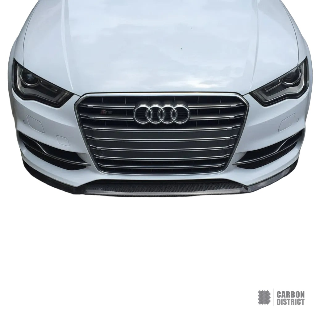 Audi A3/S3 Saloon (8V) carbon fibre front lip — UV-stable gloss finish detail