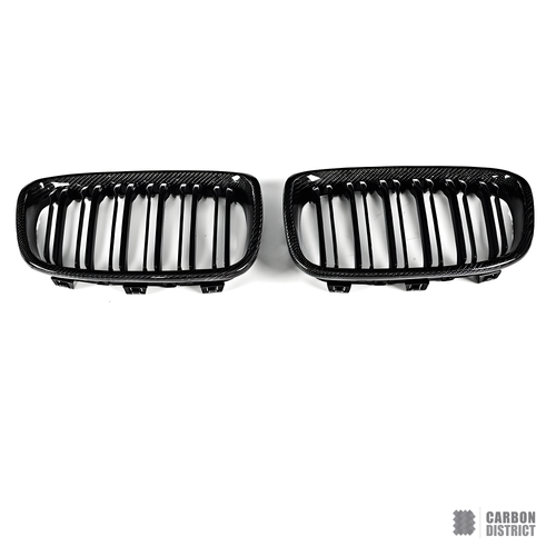 BMW 1 Series (F20) carbon fibre grille (double slat, V1) — UV-stable gloss finish