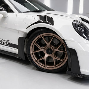 Dry carbon bonnet vent inserts, front knife wings and bronze wheel on a Porsche 911 GT3 RS (992)