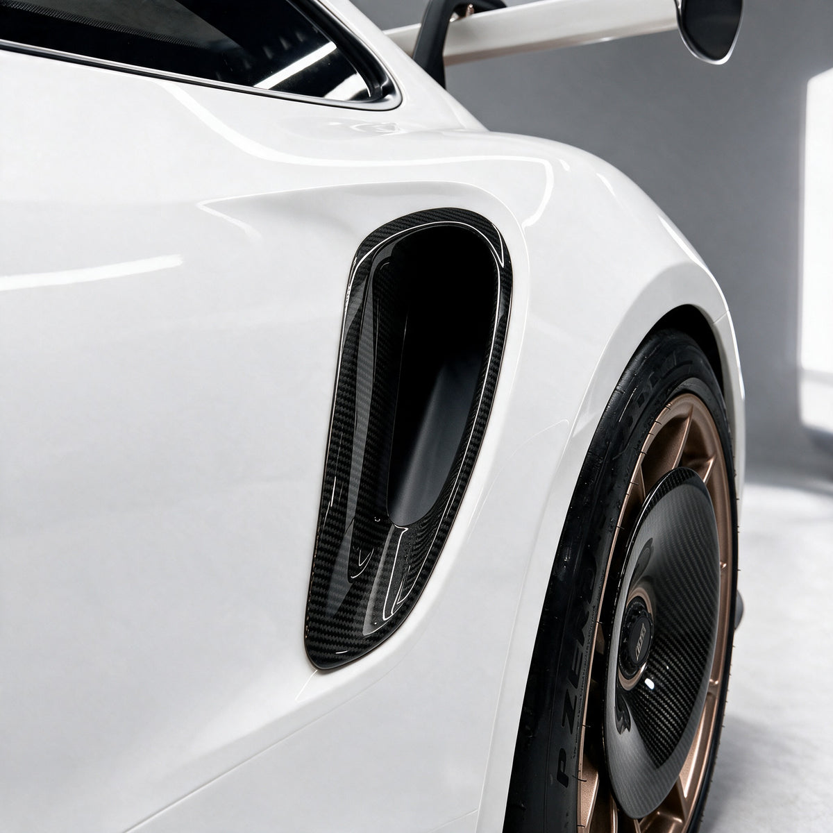 Dry carbon rear quarter air duct and rear wheel carbon aero disc on a Porsche 911 GT3 RS (992)