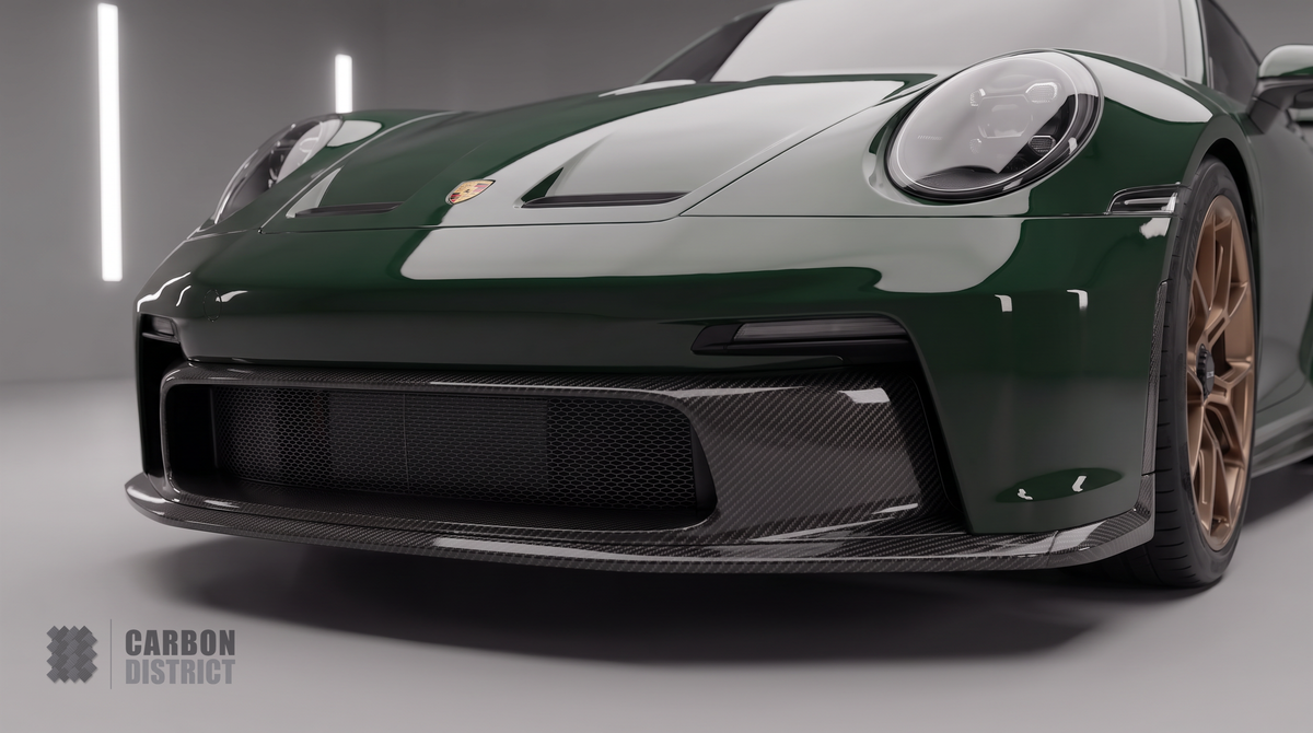 Carbon District carbon fibre front lip and bumper grille on a Porsche 911 GT3 (992) — detail