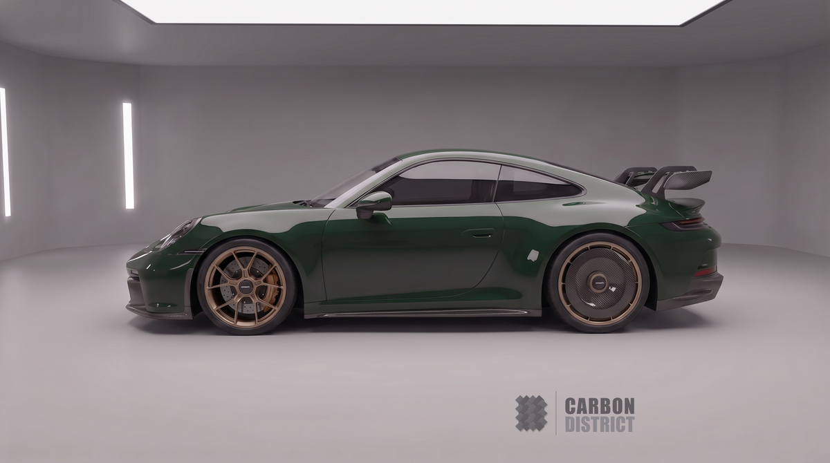 Porsche 911 GT3 (992) in Racing Green with Carbon District carbon fibre body kit — side profile