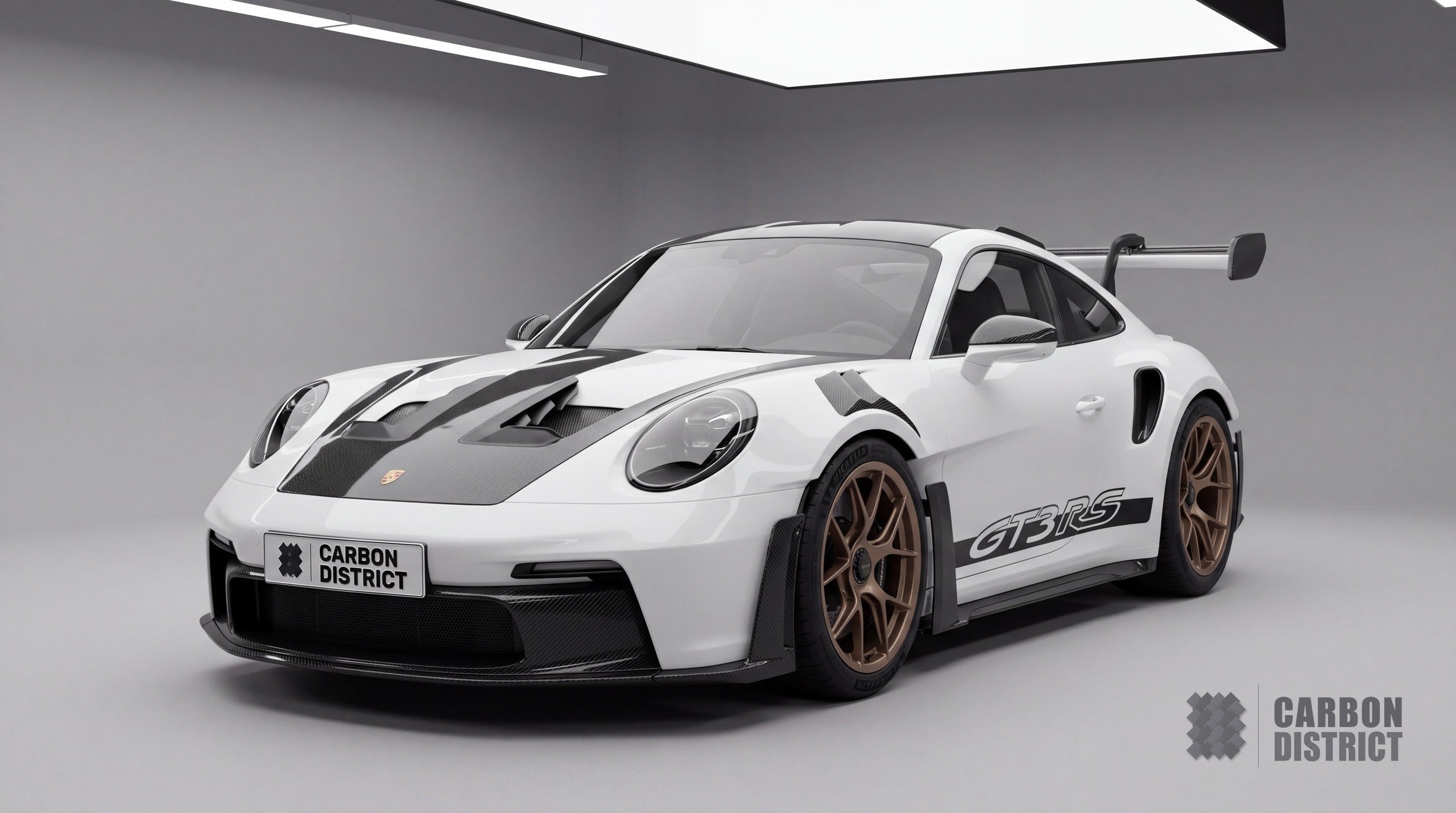 Porsche 911 GT3 RS (992) dry carbon fibre body kit, front three-quarter view