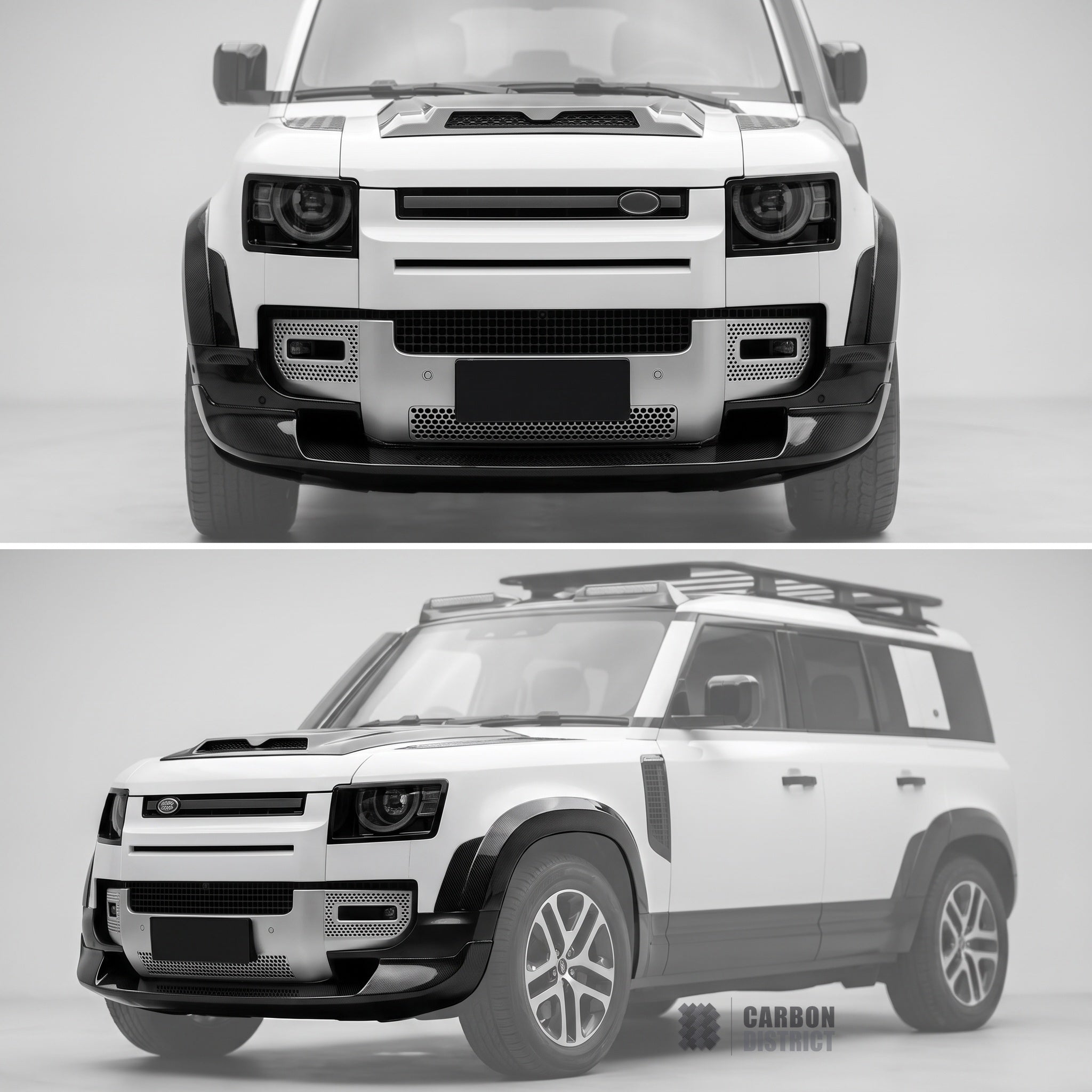 Land Rover Defender (90,110,130) carbon fibre front lip — UV-stable gloss finish detail