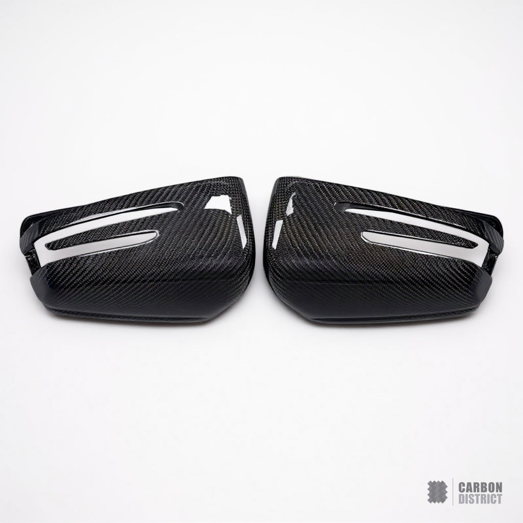 Mercedes C-Class/E-Class (W204/W212) carbon fibre mirror caps — UV-stable gloss finish