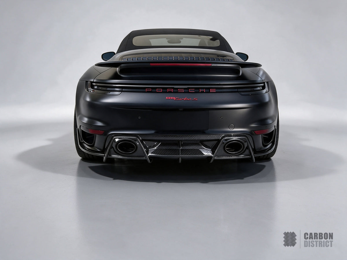 Porsche 911 Turbo S (992.1) dry carbon fibre rear diffuser — fitted, studio