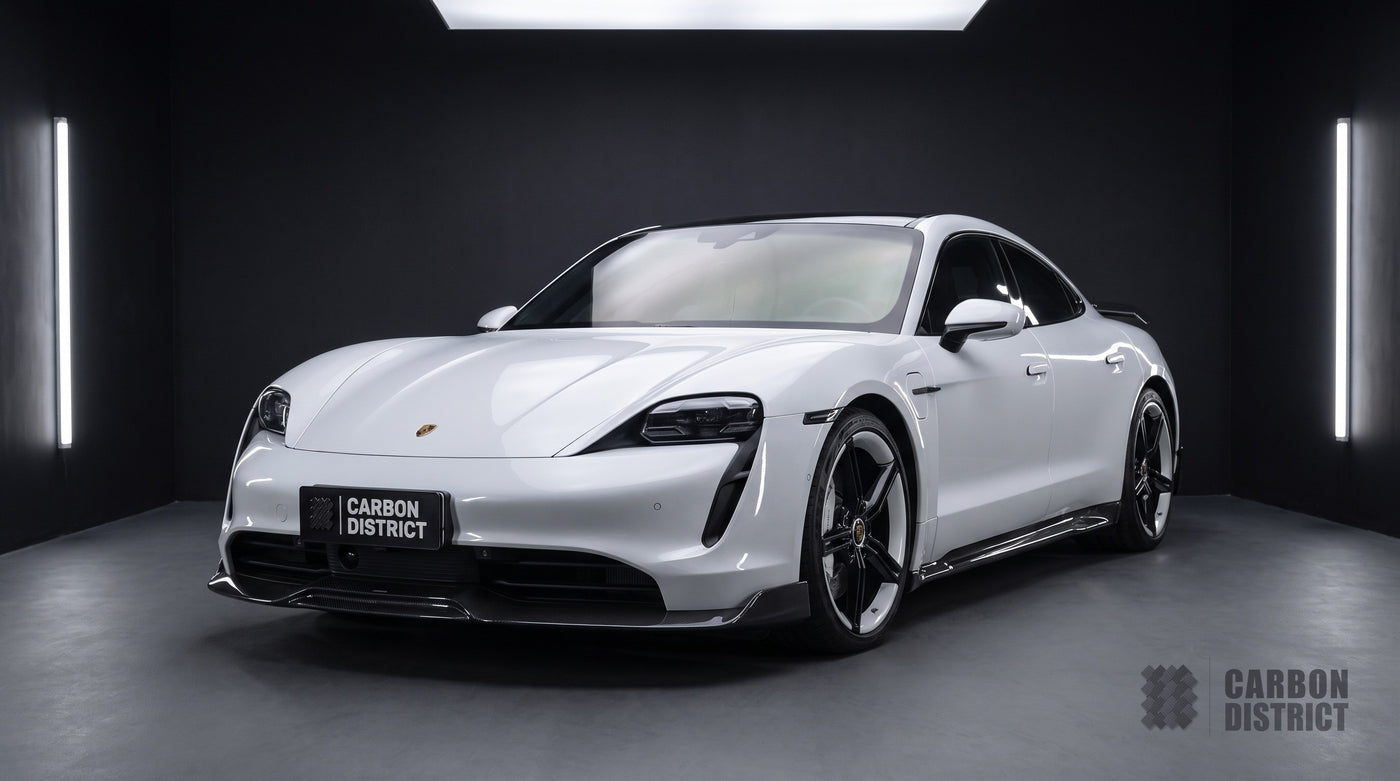 Porsche Taycan carbon fibre body kit with ducktail spoiler, front three-quarter