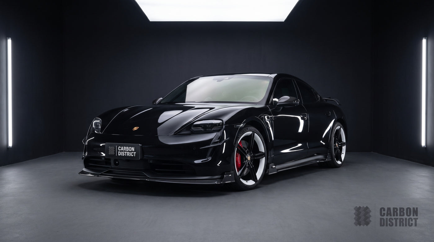 Porsche Taycan carbon fibre body kit with raised wing, front three-quarter